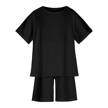 AJTQTH Baby Summer 2PC Set Girls Boys Unisex Crewneck Short-Sleeved Tops Solid Color Tees Tshirts Elastic-Waisted Shorts Comfy Pajamas Casual Home Sleep Clothes Black 7-8 Years