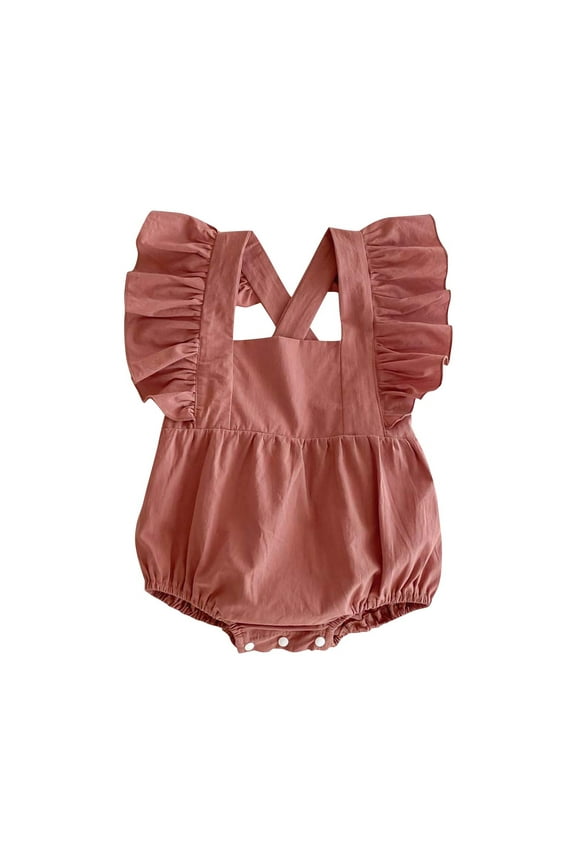 Baby Summer Cotton Rompers Infant Cotton Flutter Sleeve Square Neck Back Crossover Jumpsuit Solid Color Bodysuit Summer Casual Comfortable Fit Onesie Pink 3 Months