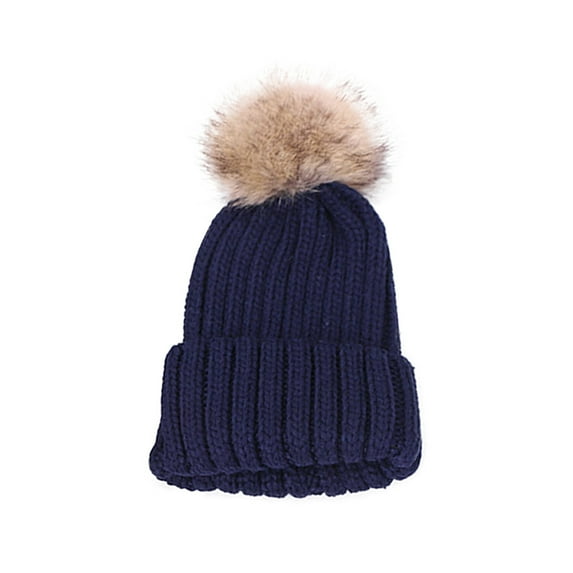 AJTQTH Beanie for Kids Girls Boys Solid Colort Cute Knitting Cotton Hat with Cute Pompom Todder Baby Winter Fall Warm Clothes Navy Free Size