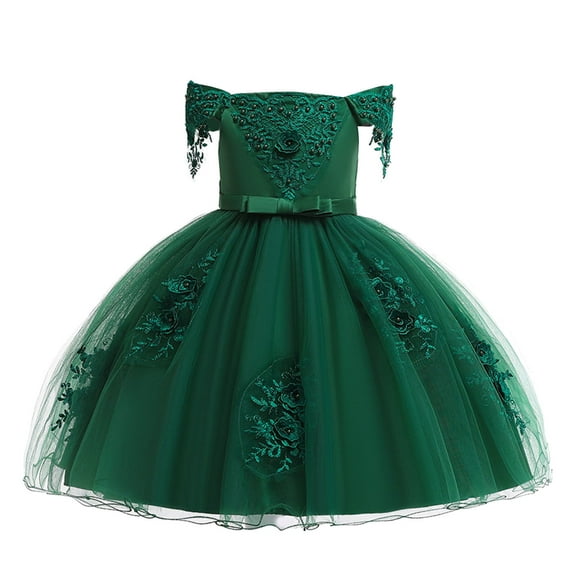 AJTQTH Birthday Party Dress for Girls Off-Shoulder Suspenders Cute Floral Decoration Princess Dress High-Waisted Mesh Layered Puffy Dress Flowy Maxi Dress Green 6 Years