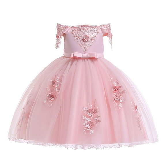 AJTQTH Birthday Party Dress for Girls Off-Shoulder Suspenders Cute Floral Decoration Princess Dress High-Waisted Mesh Layered Puffy Dress Flowy Maxi Dress Pink 3 Years