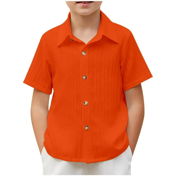 AJTQTH Boys Casual Short Sleeve Button Down Shirt Fashion Textured Summer Beach Hawaiian Shirt Lightweight Holiday Vacation Outfits Orange 13-14 Years