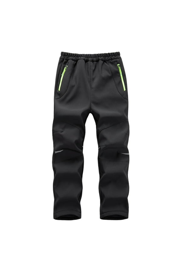Boys Girls Snowpants Kids Warm Plush Solid Color Elastic-Waisted Windproof Waterproof Outdoor Hiking Skiting Pants Nylon Thick Pants with Pockets Black 13 Years