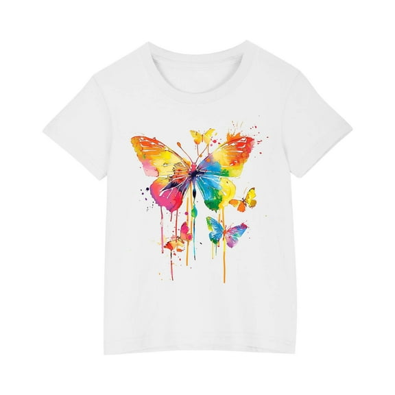 AJTQTH Boys Girls Tshirts Kids Unisex Cute Colorful Butterfly Graphic Tees Short-Sleeved Tops Round Neck Shirts Summer Cotton Comfy Lightweight Loose Blouses Outfits White 7 Years