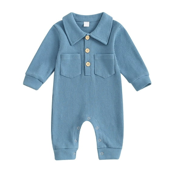 AJTQTH Boys Jumpsuits Newborn Toddler Cute Henley Neck Long Sleeve Pockets Waffle Knit Rompers Stylish Solid Color Breathable Homewear Sleepwear Blue 0 Months