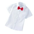 thumbnail image 1 of AJTQTH Boys School Uniform Suit 2PC Set for Toddler Kids Teens Classic Collar Short-Sleeved Blouses with Pocket+Solid Color Formal Neck Bowties Beige 3-4 Years, 1 of 5
