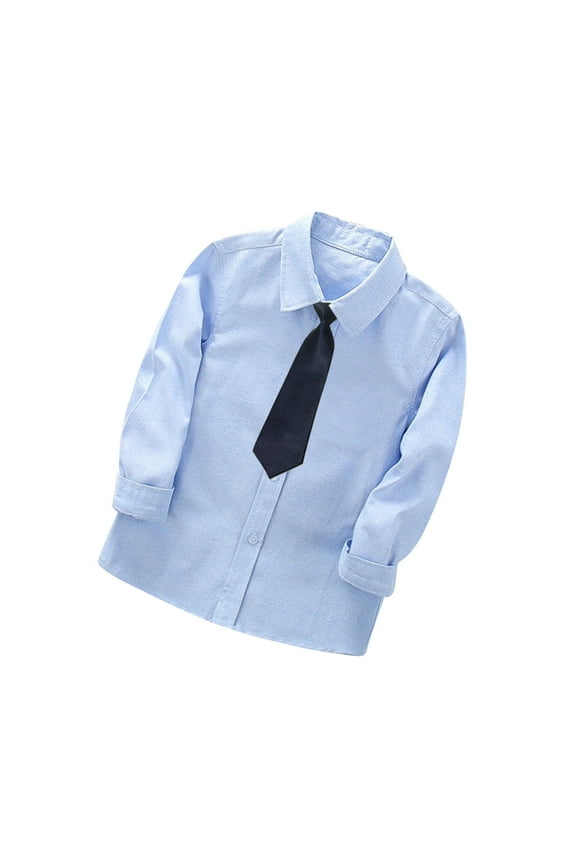 Boys School Uniform Suit 2PC Set for Toddler Kids Teens Solid Color Cotton Comfort Classic Collar Short-Sleeved Shirts+Formal Necktie Blue 12 Years