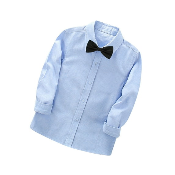 AJTQTH Boys School Uniform Suit for Toddler Kids Teens Classic Collar Long Sleeve Solid Color Cotton Shirts+Cute Formal Neck Bowties Two Pieces Set Blue 2 Years