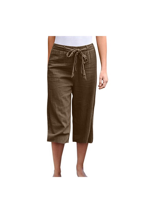 Capri Trousers for Women Oversized Drawstring Loose Capri Pants Straight-Leg Solid Color Capris with Pockets Brown S