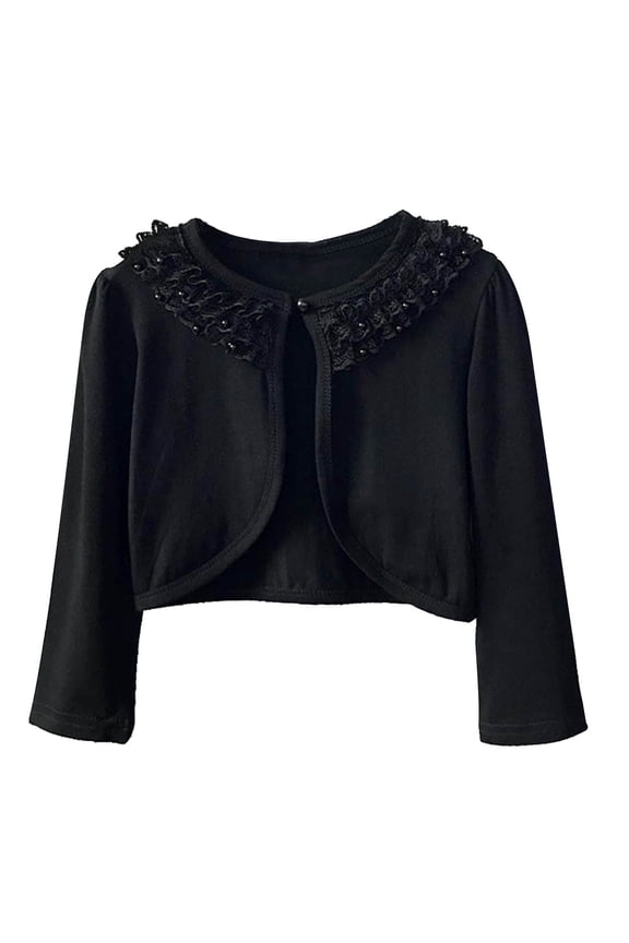 Cardigan for Girls Ruffled Lace Patchwork with Pearl Accessories Long-Sleeved Coverup Cotton Sweaters Comfy Shawl Coat for Summer Fall Casual Black 5-6 Years