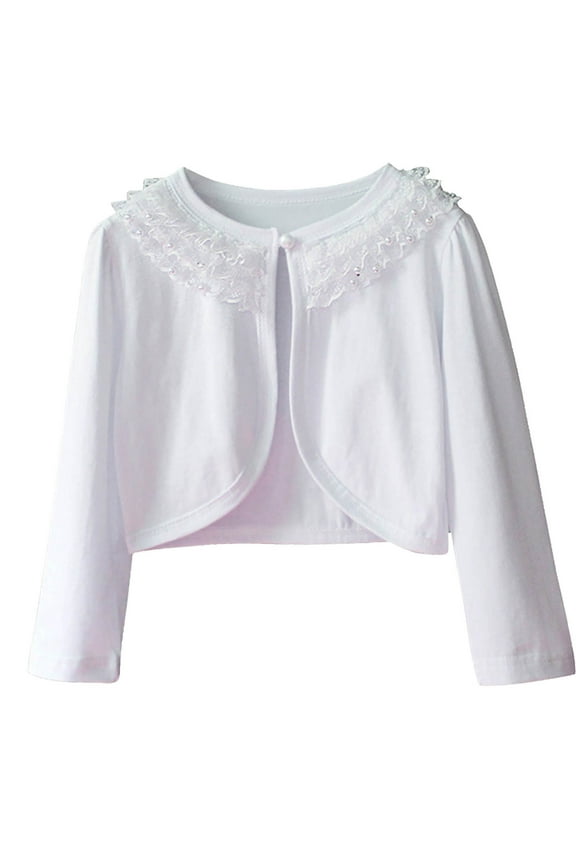 Cardigan for Girls Ruffled Lace Patchwork with Pearl Accessories Long-Sleeved Coverup Cotton Sweaters Comfy Shawl Coat for Summer Fall Casual White 6-7 Years