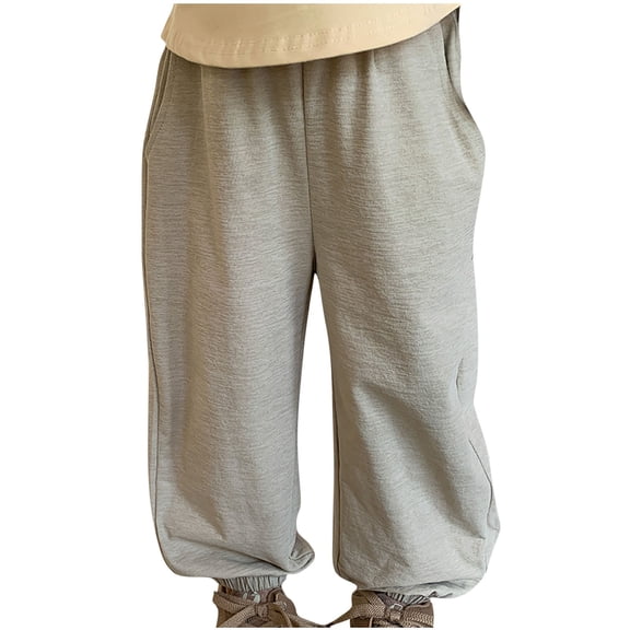 AJTQTH Casual Cotton Linen Pants for Kids Boys Girls Unisex Elastic-Waisted Wide-Leg Loose Fit Quick-Dry Full-Length Breathable Trousers for Sports Home Party Outdoor Beige 7 Years