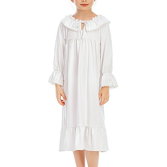 AJTQTH Casual Sundress for Girls Kids Ruffles Round Neck Long Sleeve Comfort Gowns Cute Solid Color Lightweight Ruched Sleepwear Homewear White 130