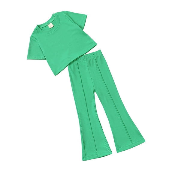 AJTQTH Clothes Set for Girls Two-Pieces Summer Cute Solid Outfits Crewneck Short-Sleeved Tees Tops Tshirts+Elastic-Waisted Straight-Leg Flared Pants for Casual Green 2-3 Years