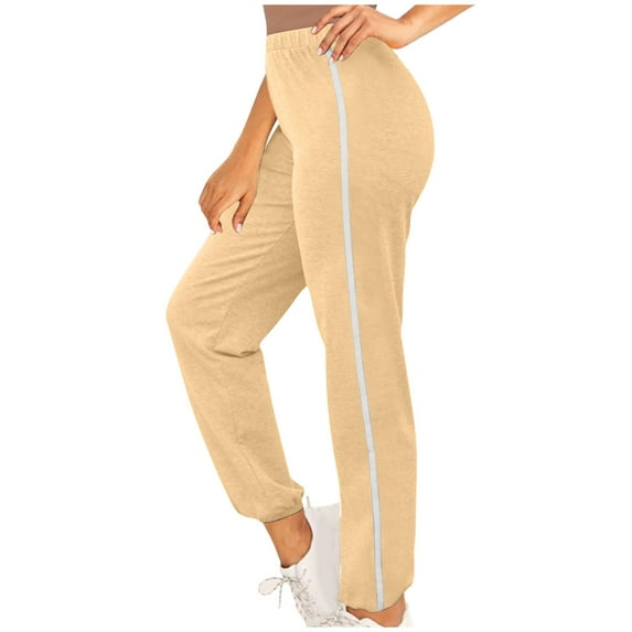 AJTQTH Cotton Joggers for Women Elastic-Waisted Solid Yoga Pants Oversized Loose Sport Pants with Pockets High-Waisted Workout Pants Khaki L