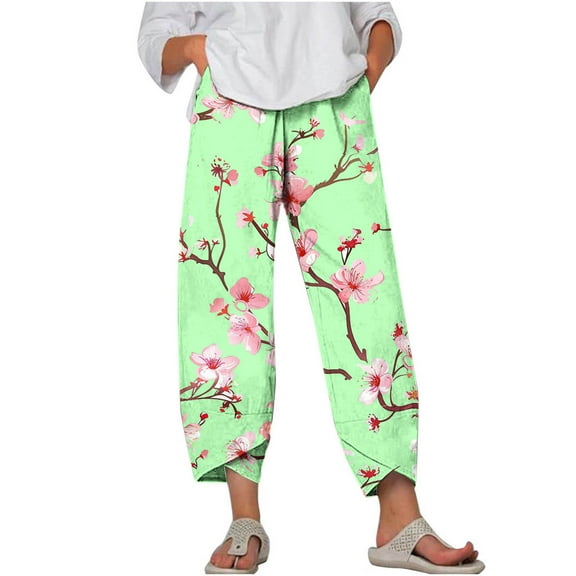 AJTQTH Cropped Trousers for Women Stylish Floral Print Casual Pants Plus Size Elastic Waist Wide-Leg Loose Yoga Pants with Pockets Green S