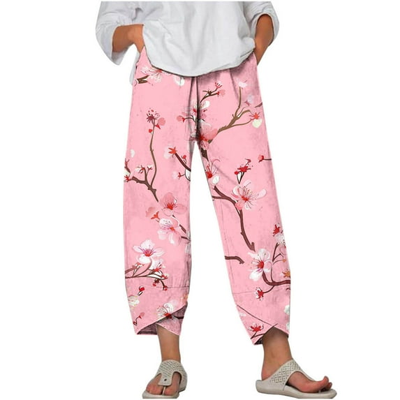 AJTQTH Cropped Trousers for Women Stylish Floral Print Casual Pants Plus Size Elastic Waist Wide-Leg Loose Yoga Pants with Pockets Pink XXXXL