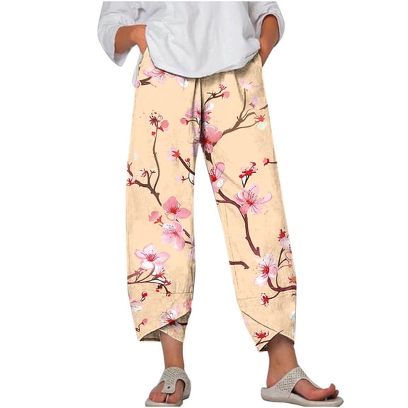 AJTQTH Cropped Trousers for Women Stylish Floral Print Casual Pants Plus Size Elastic Waist Wide-Leg Loose Yoga Pants with Pockets Yellow M