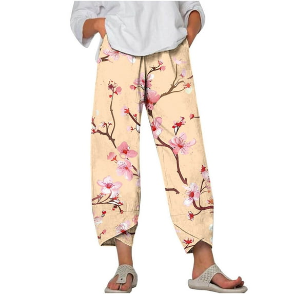 AJTQTH Cropped Trousers for Women Stylish Floral Print Casual Pants Plus Size Elastic Waist Wide-Leg Loose Yoga Pants with Pockets Yellow XXL