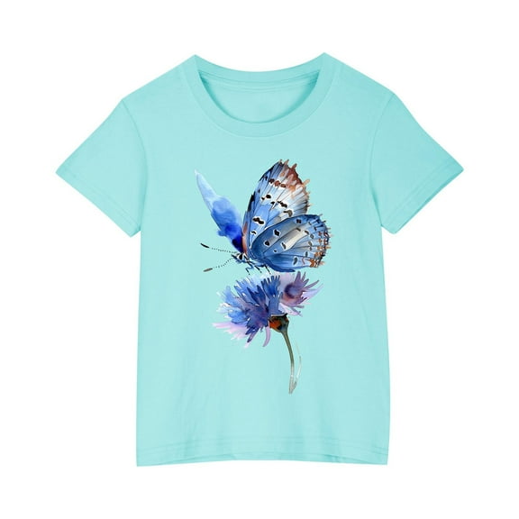 AJTQTH Cute Butterfly Print Tshirts for Kids Boys Girls Summer Cotton Relaxed Fit Outfits Clothes Short Sleeve Tees Round Neck Tops Shirts Blouses Blue 3 Years