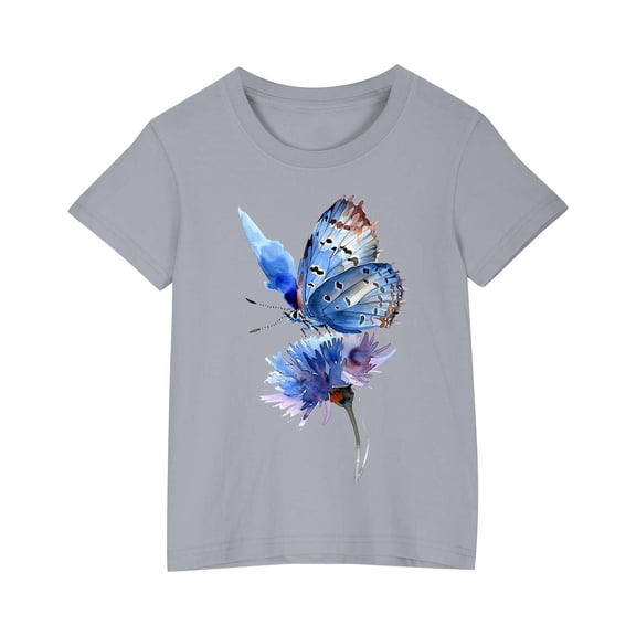 AJTQTH Cute Butterfly Print Tshirts for Kids Boys Girls Summer Cotton Relaxed Fit Outfits Clothes Short Sleeve Tees Round Neck Tops Shirts Blouses Gray 5 Years