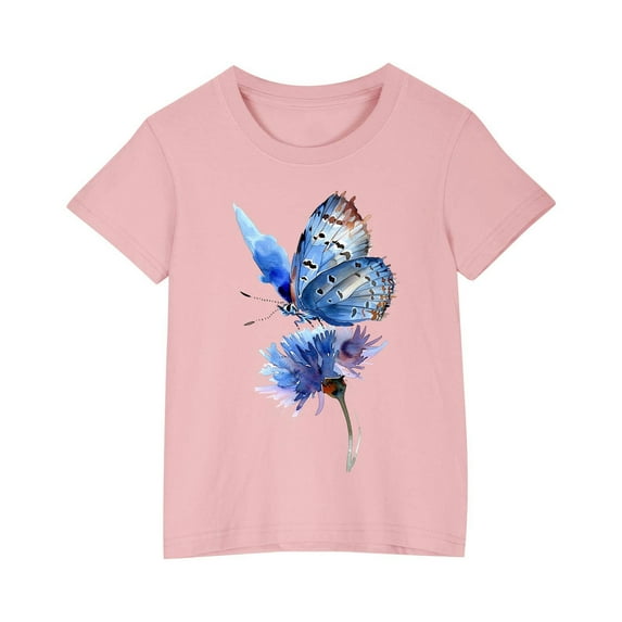 AJTQTH Cute Butterfly Print Tshirts for Kids Boys Girls Summer Cotton Relaxed Fit Outfits Clothes Short Sleeve Tees Round Neck Tops Shirts Blouses Pink 5 Years