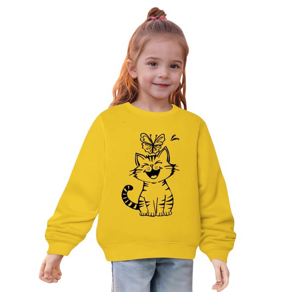AJTQTH Cute Cat with Flower Print Long Sleeve Graphic T-Shirts for Kids Boys Girls Casual Round Neck Pullover Tops Loose Lightweight Soft Cotton Tees Shirt Yellow 3-4 Years