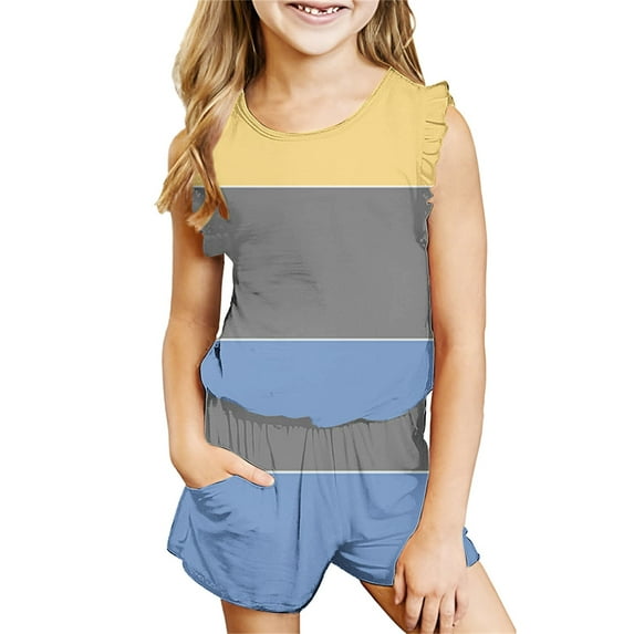 AJTQTH Cute Color Block 2PC Set for Kids Girls Summer Comfy Clothes Outfits Flutter Sleeve Tshirts Tops Tees Elastic Waist Loose Shorts Pants Trousers with Pockets Yellow 13 Years