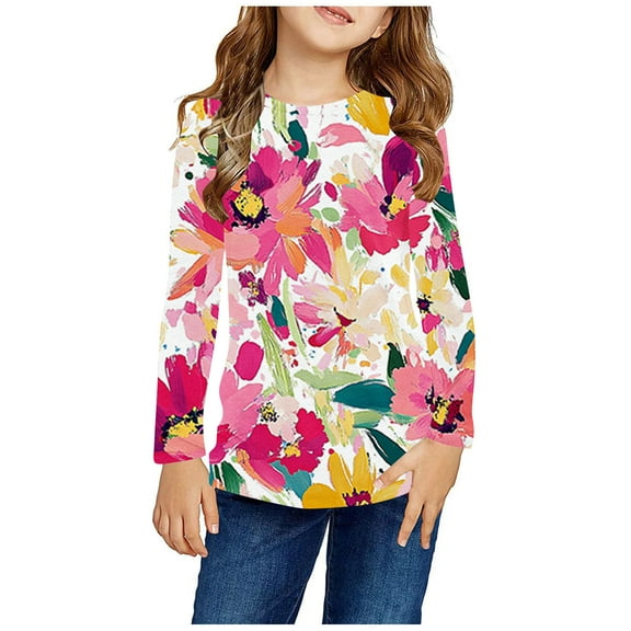 AJTQTH Cute Floral Pattern Print Shirts for Kids Boys Girls Long Sleeve Casual Graphic Round Neck Pullover Sweatshirts Loose Fit Cotton T-Shirts Tops Mulitcolor#05 7-8 Years