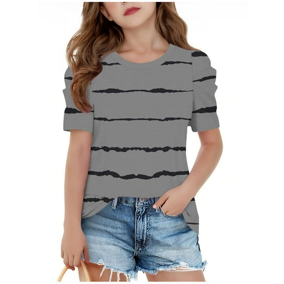 AJTQTH Cute Girls Summer Puff Sleeve Tops Loose Fit Casual Striped Color Block Printed Crew Neck Graphic T-Shirts School Outfit Clothes A-Gray 4-5 Years