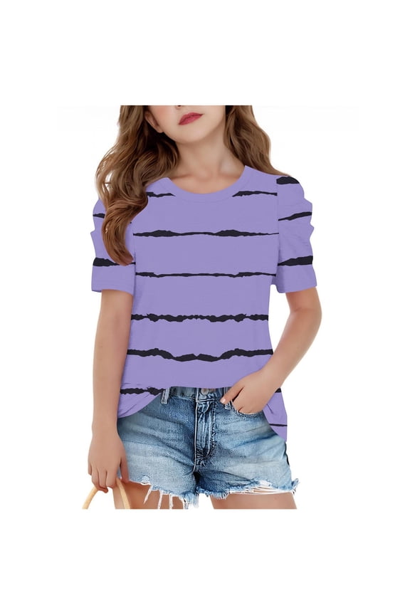 Cute Girls Summer Puff Sleeve Tops Loose Fit Casual Striped Color Block Printed Crew Neck Graphic T-Shirts School Outfit Clothes A-Purple 10-11 Years