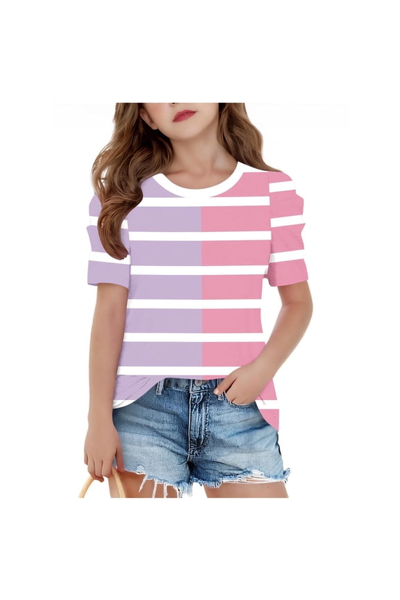 Cute Girls Summer Puff Sleeve Tops Loose Fit Casual Striped Color Block Printed Crew Neck Graphic T-Shirts School Outfit Clothes C-Purple 10-11 Years