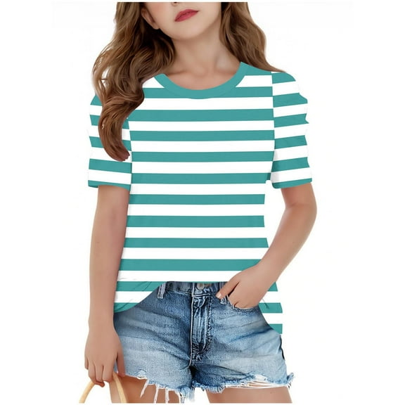 AJTQTH Cute Girls Summer Puff Sleeve Tops Loose Fit Casual Striped Color Block Printed Crew Neck Graphic T-Shirts School Outfit Clothes D-Green 8-9 Years