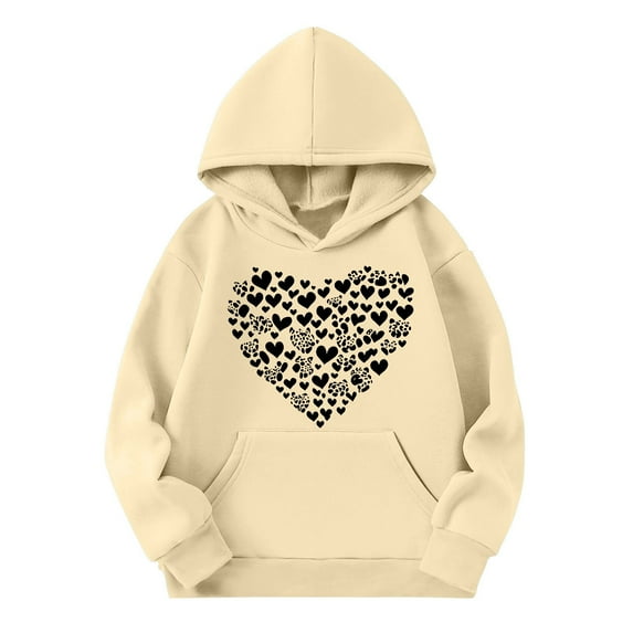 AJTQTH Cute Heart Pattern Print Hooded Sweatshirts for Kids Boys Girls Casual Spring Long Sleeve Hoodie Outwear Coat Trendy Comfy Pullover Tops with Pockets Beige 9-10 Years