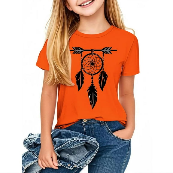 AJTQTH Cute Kids Boys Girls Orange Shirts Casual Summer Short Sleeve Vintage Windbells Printed Crew Neck Basic T-Shirts Loose Comfy Pullover Tops Orange#09 11-12 Years