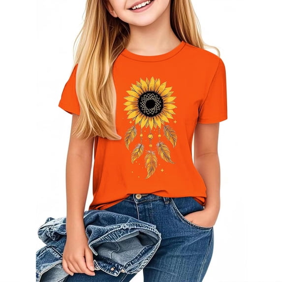 AJTQTH Cute Kids Boys Girls Orange Shirts Casual Summer Short Sleeve Vintage Windbells Printed Crew Neck Basic T-Shirts Loose Comfy Pullover Tops Orange#10 7-8 Years
