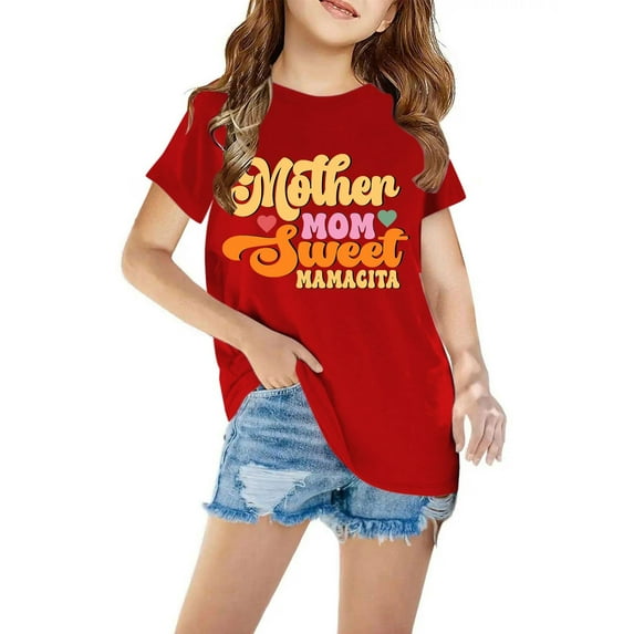 AJTQTH Cute Kids Boys Girls Summer T-Shirts Funny Letters Print Short Sleeve Mother's Day Gift Tees Loose Fit Casual Round Neck Holiday Outfit Clothes Red 3 Years