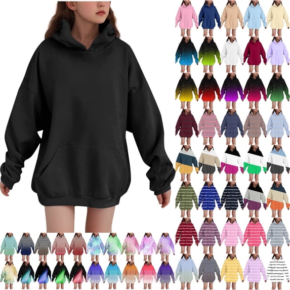 AJTQTH Cute Kids Girls Hooded Sweatshirts Casual Fall Winter Long Sleeve Solid/Striped/Color Block/Tie Dye Print Pullover Tops Lightweight Teens Hoodie Outwear with Pockets A02-Blue 13-14 Years