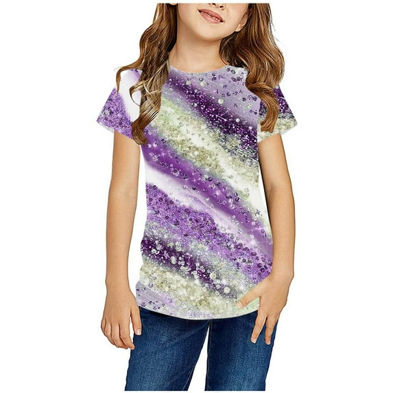 AJTQTH Cute Sparkly Tops for Kids Boys Girls Casual Summer Short Sleeve Striped Color Block Print Round Neck Pullover Loose Fit Casual Graphic T-Shirt Purple 7-8 Years