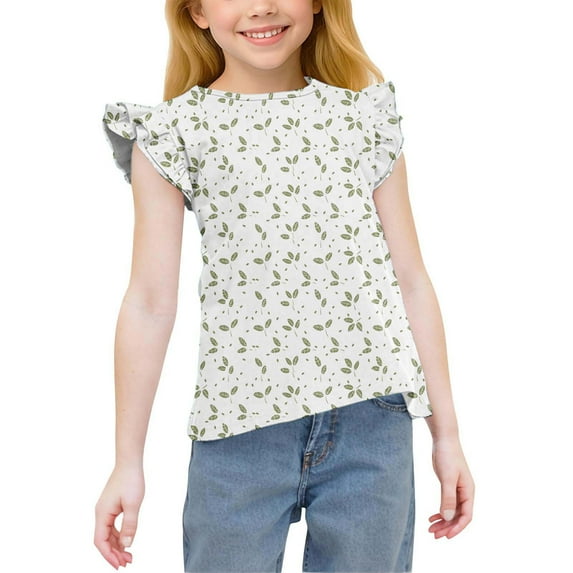 AJTQTH Cute Teen Girls Summer Tops Ruffled Short Sleeve Casual Floral Printed Crew Neck Basic T-Shirts Loose Fit Dressy Tunic Blouse B-Army Green 12-13 Years