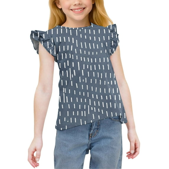 AJTQTH Cute Teen Girls Summer Tops Ruffled Short Sleeve Casual Floral Printed Crew Neck Basic T-Shirts Loose Fit Dressy Tunic Blouse C-Navy 12-13 Years
