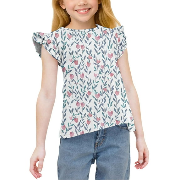 AJTQTH Cute Teen Girls Summer Tops Ruffled Short Sleeve Casual Floral Printed Crew Neck Basic T-Shirts Loose Fit Dressy Tunic Blouse D-Pink 8-9 Years
