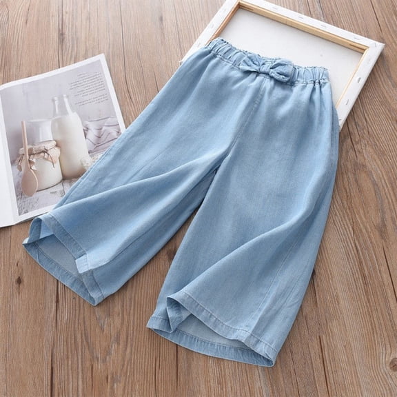 AJTQTH Denim Pants for Girls Summer and Fall Stylish Elastic-Waisted Bowties Outfits Casual Straight-Leg Flared Full Length Clothes for Street Party School Light blue 9Y