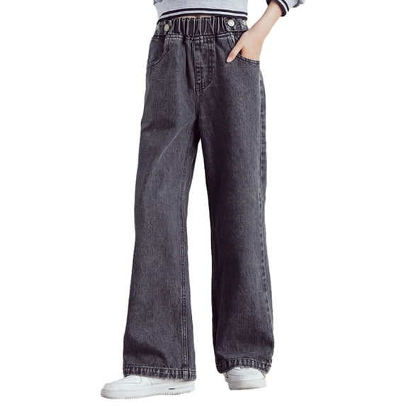 AJTQTH Denim Pants for Girls Summer and Fall Stylish High-Rise Elastic-Waisted Casual Outfits Straight-Leg Flared Boot Length Clothes for Street Party Gray 5Y