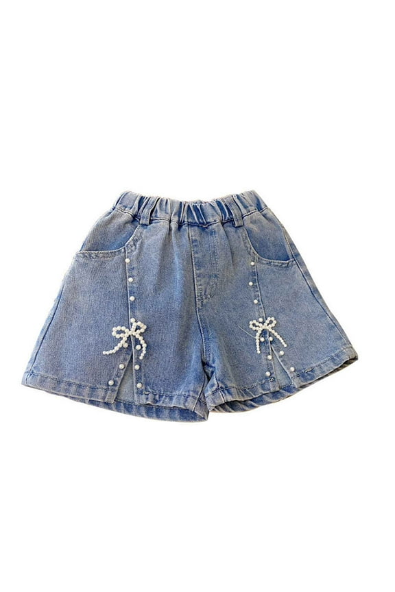 Denim Print Shorts for Girls Faux Short Jeans Elastic Waistband Flared Short Pants Cute Pearls Decoration Shorts Summer Casual Clothes with Pockets Light Blue 11 Years