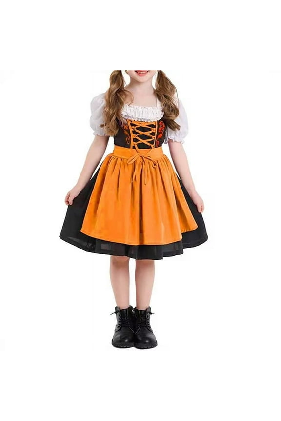 Dirndl Dress for Girls Ruffles Square Neck Puff Sleeve Tunic Midi Dress Layered High Puffy Dress Color Block Oktoberfest Dress Orange 14-16 Years