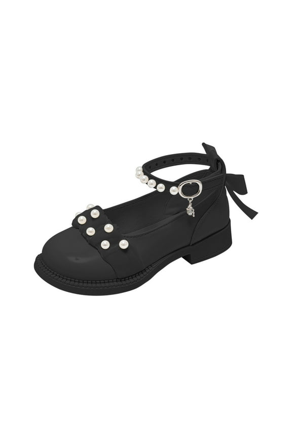Dress Shoes for Girls Artificial Pearls Decorated Faux Leather Princess Shoes Bows Ankle Straps Buckle Anti-Slip Thick Soled Shoes Black 36