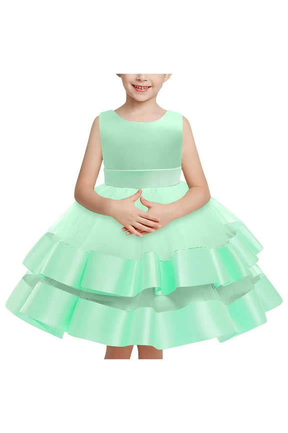Dress for Girls Satin Sleeveless Solid Tunic Dress Round Neck High-Waisted Mesh Patchwork Layered Ruffles Midi Dress Mint Green 2 Years