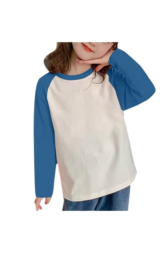 Fall Kids Boys Girls Raglan Long Sleeve Crewneck Sweatshirts Cute Fall Patchwork T-Shirts Lightweight Soft Cotton Pullover Tops Blue 9-10 Years
