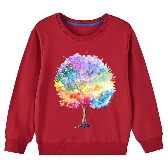 AJTQTH Fall Long Sleeve Cute Tie Dye Tree Print T-Shirts for Kids Boys Girls Casual Round Neck Pullover Sweatshirts Loose Lightweight Cotton Tees Tops Red 2-3 Years